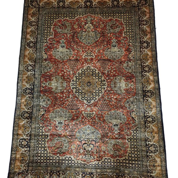 Rare 1945 Semi Antique Persian Qum 483 KPSI Red Khaki Black 5x3 100% Silk Rug - Picture 2 of 6